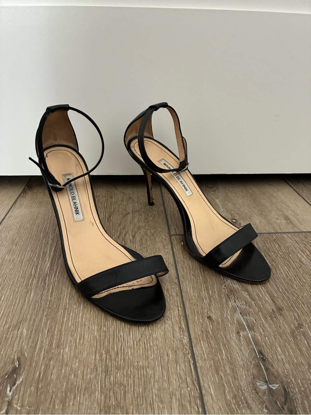 Manolo Blahnik Black Open-Toe Ankle-Strap Stiletto Heels